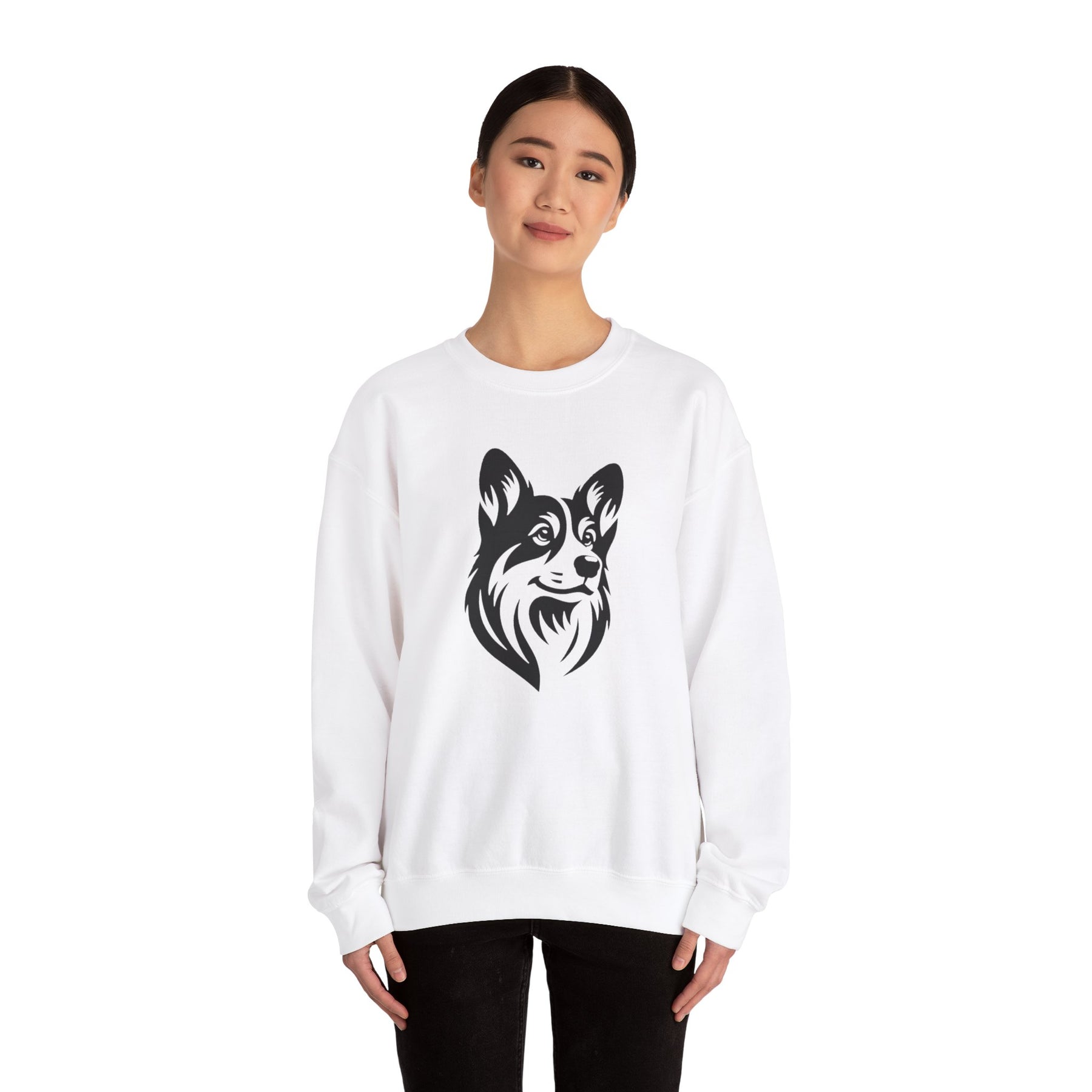 black corgi on white sweatshirt
