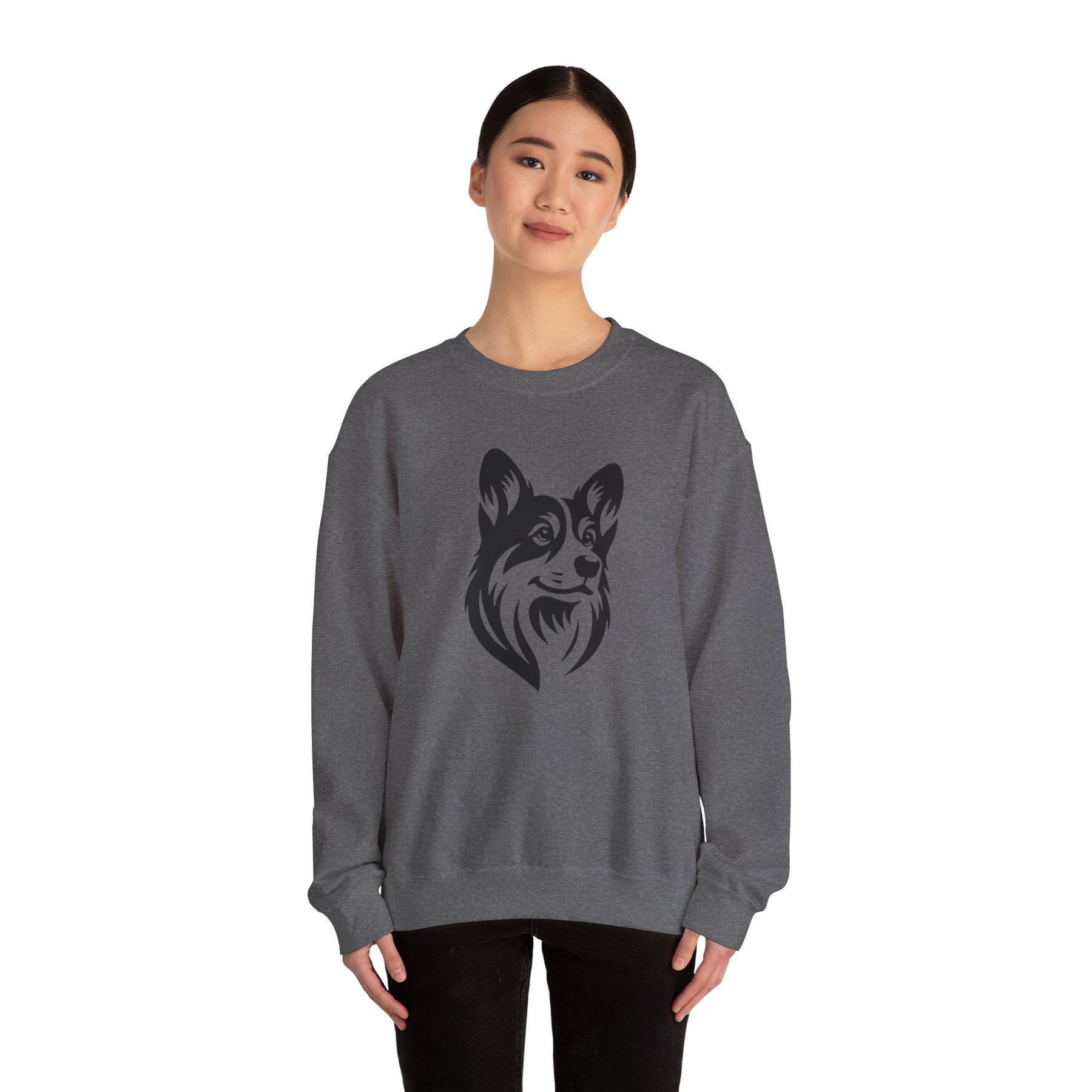 black corgi on graphite heather sweatshirt