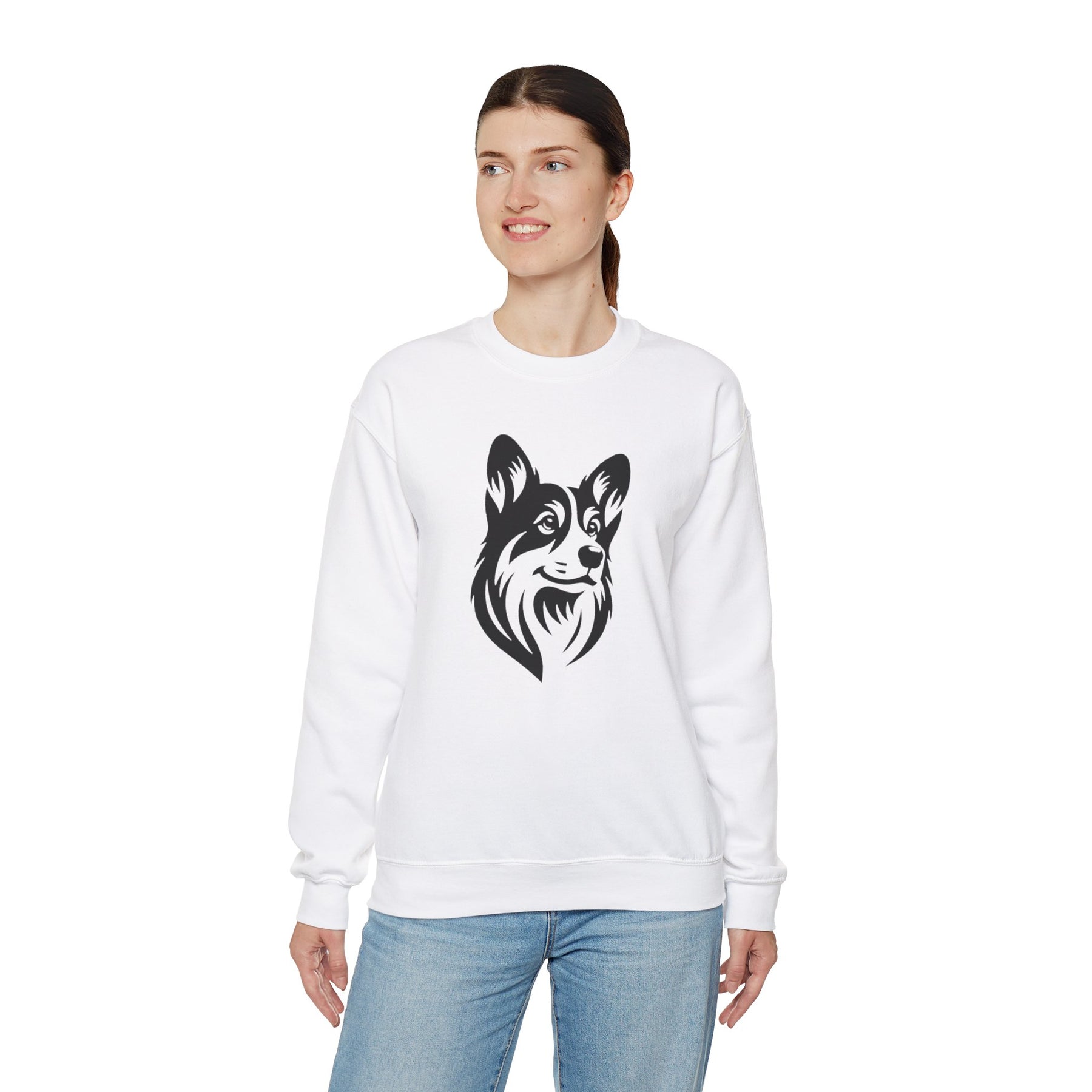 black corgi on white sweatshirt