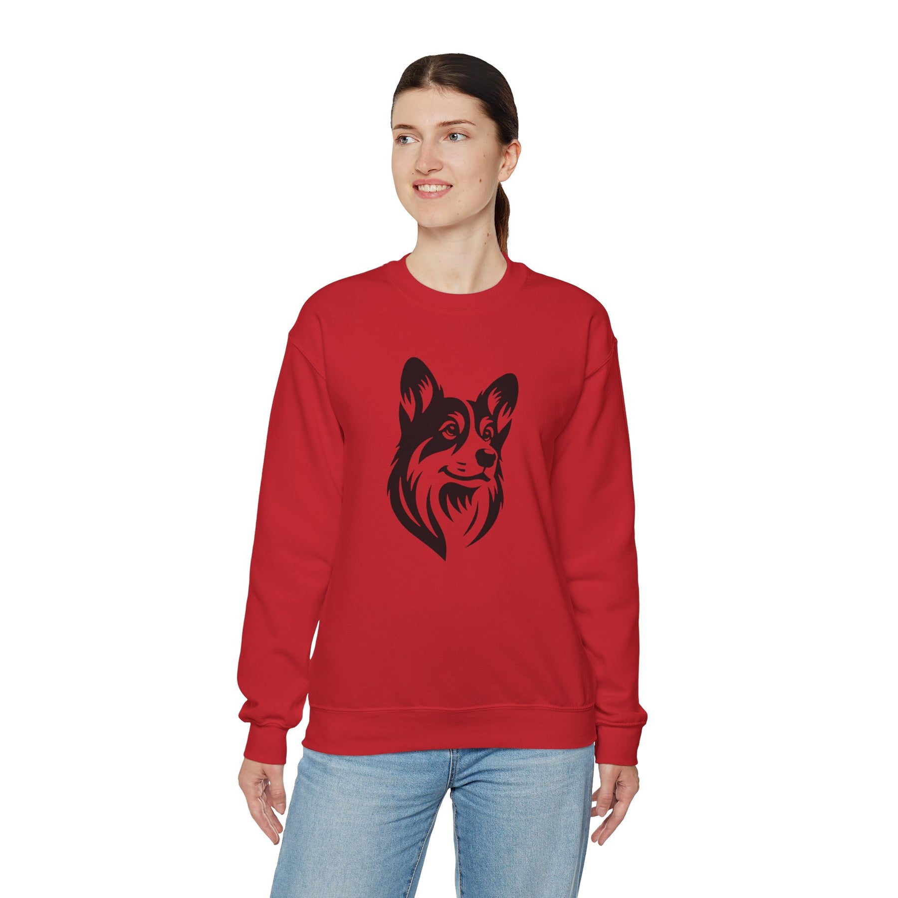 black corgi on red sweatshirt