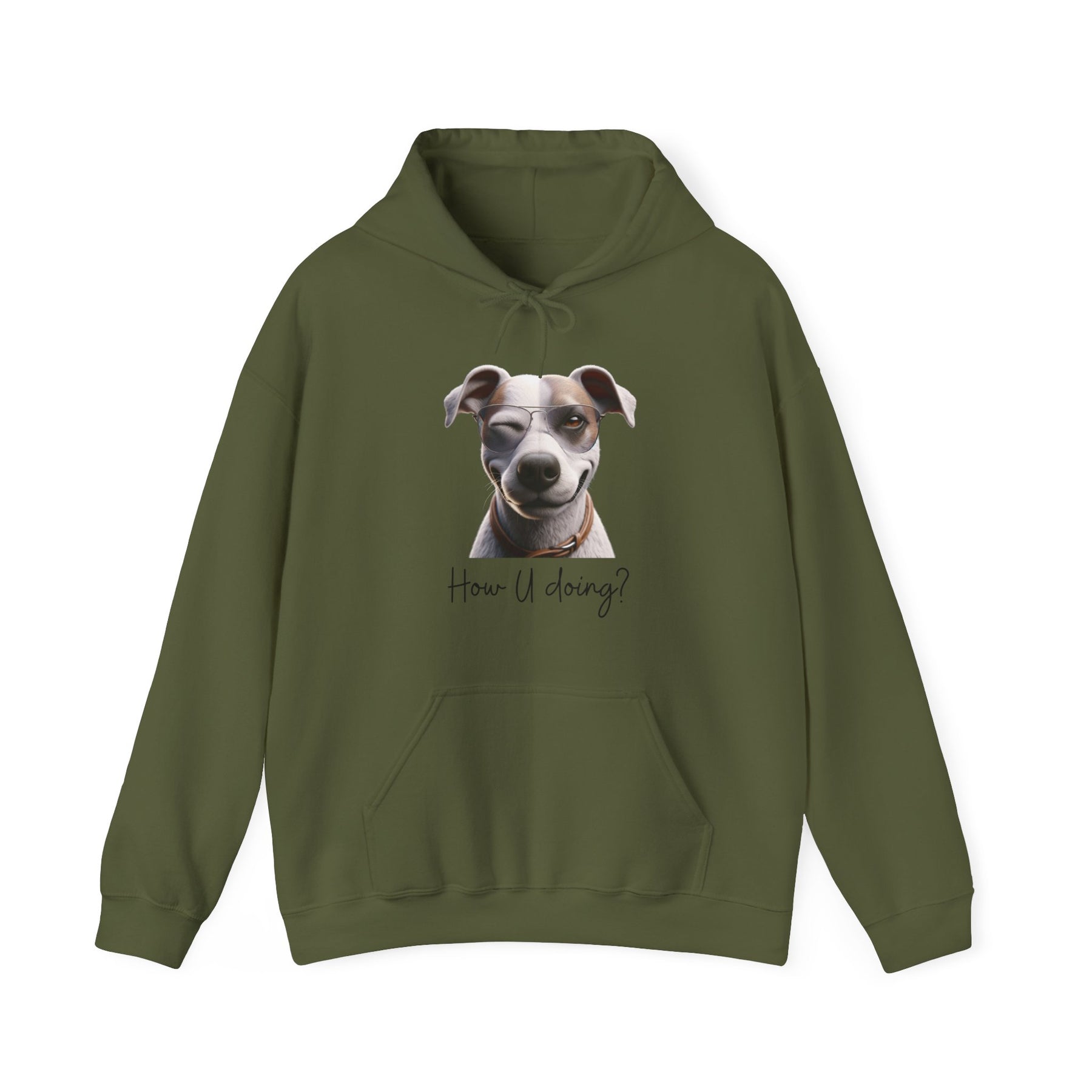 flirty dog on military green sweatshirt 