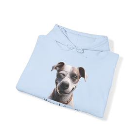 flirty dog on light blue sweatshirt 