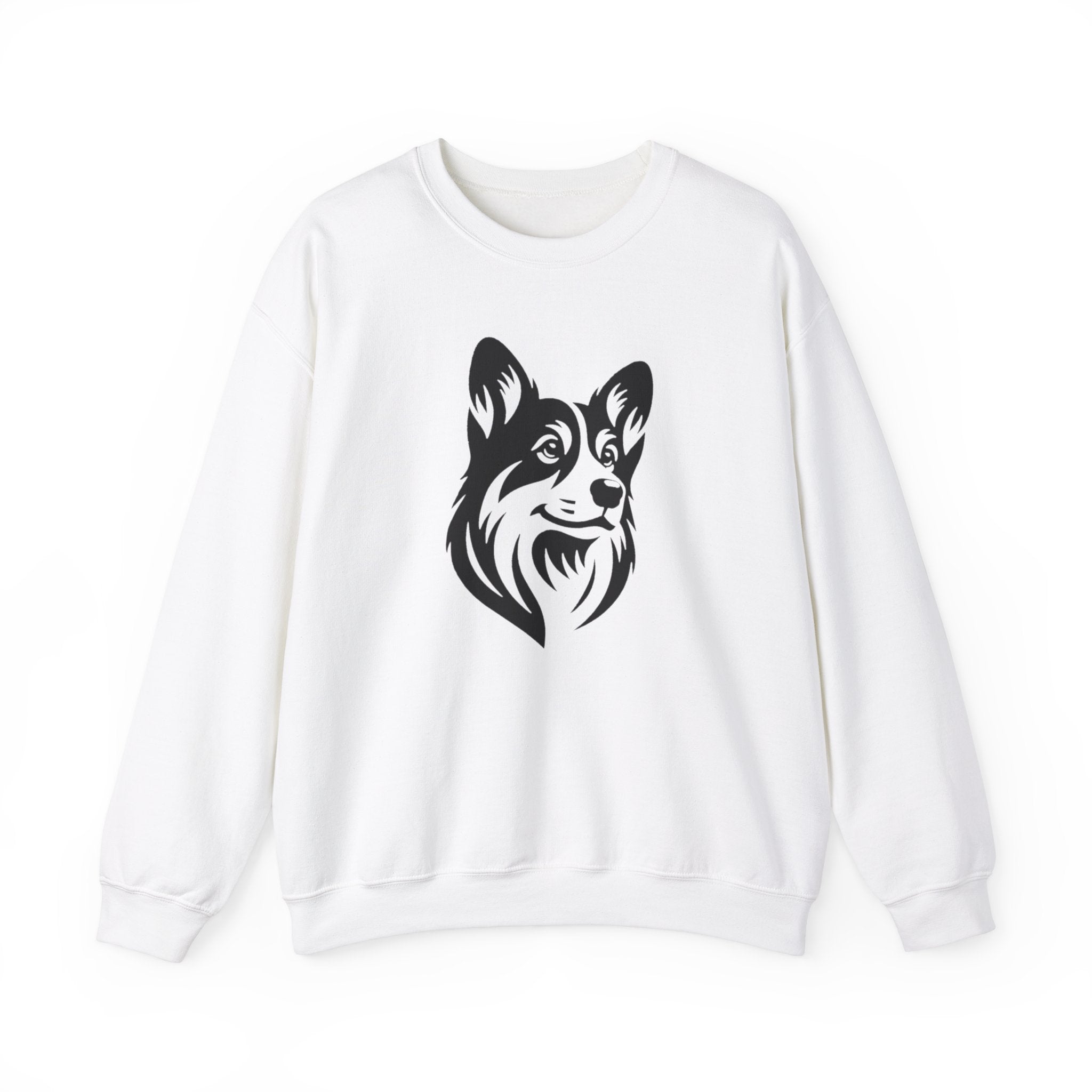 black corgi on white sweatshirt