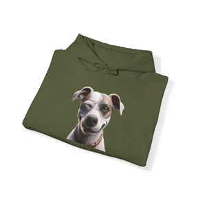 flirty dog on military green sweatshirt 