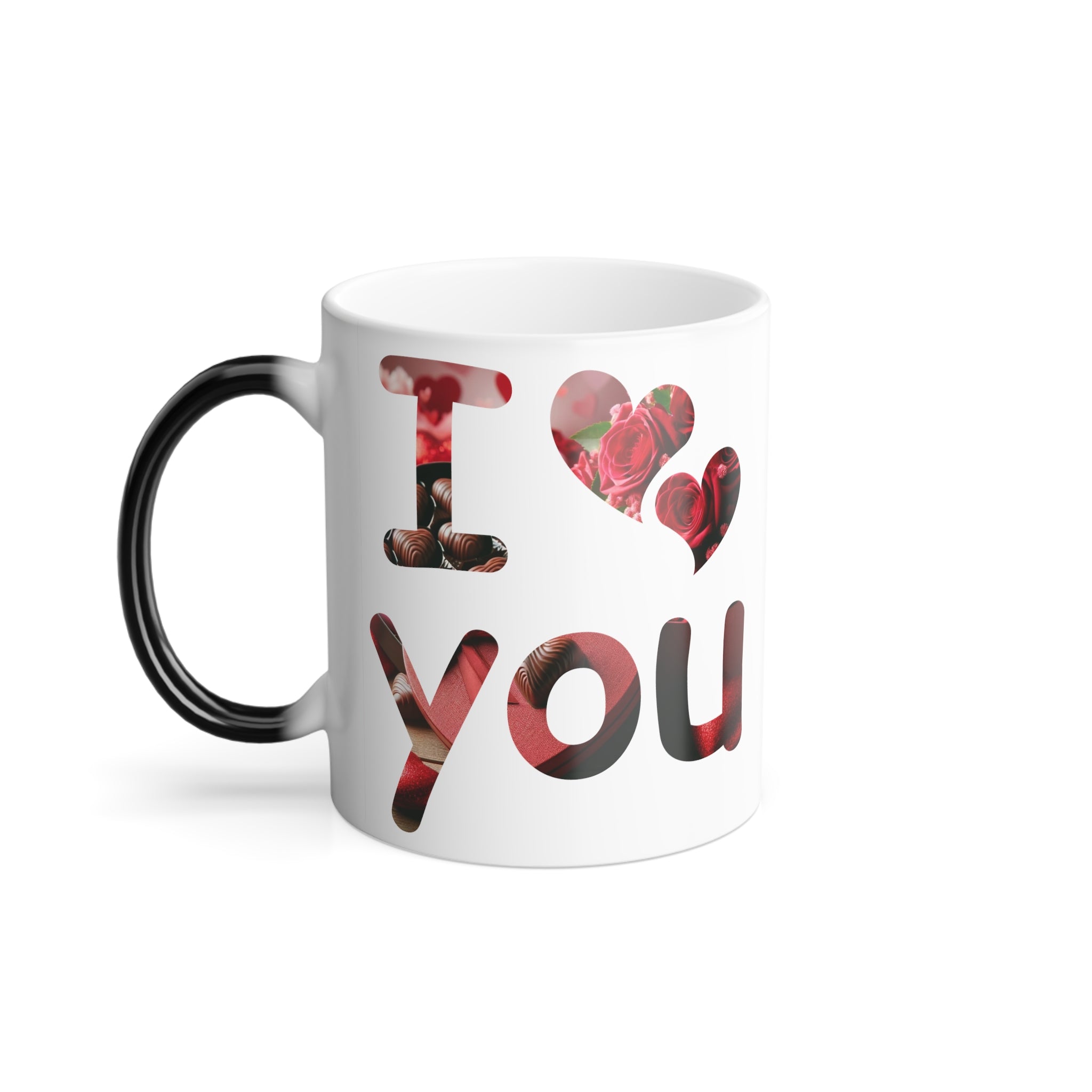 color morphing coffee mug with an I love you text printed on it.