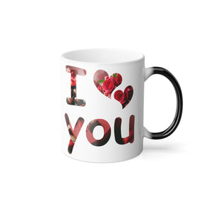 color morphing coffee mug with an I love you text printed on it.