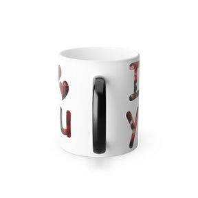 color morphing coffee mug with an I love you text printed on it.