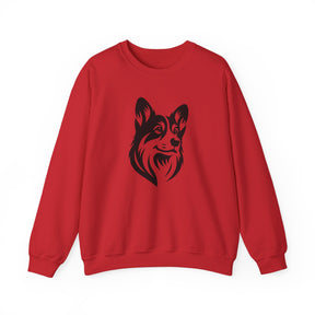 black corgi on red sweatshirt