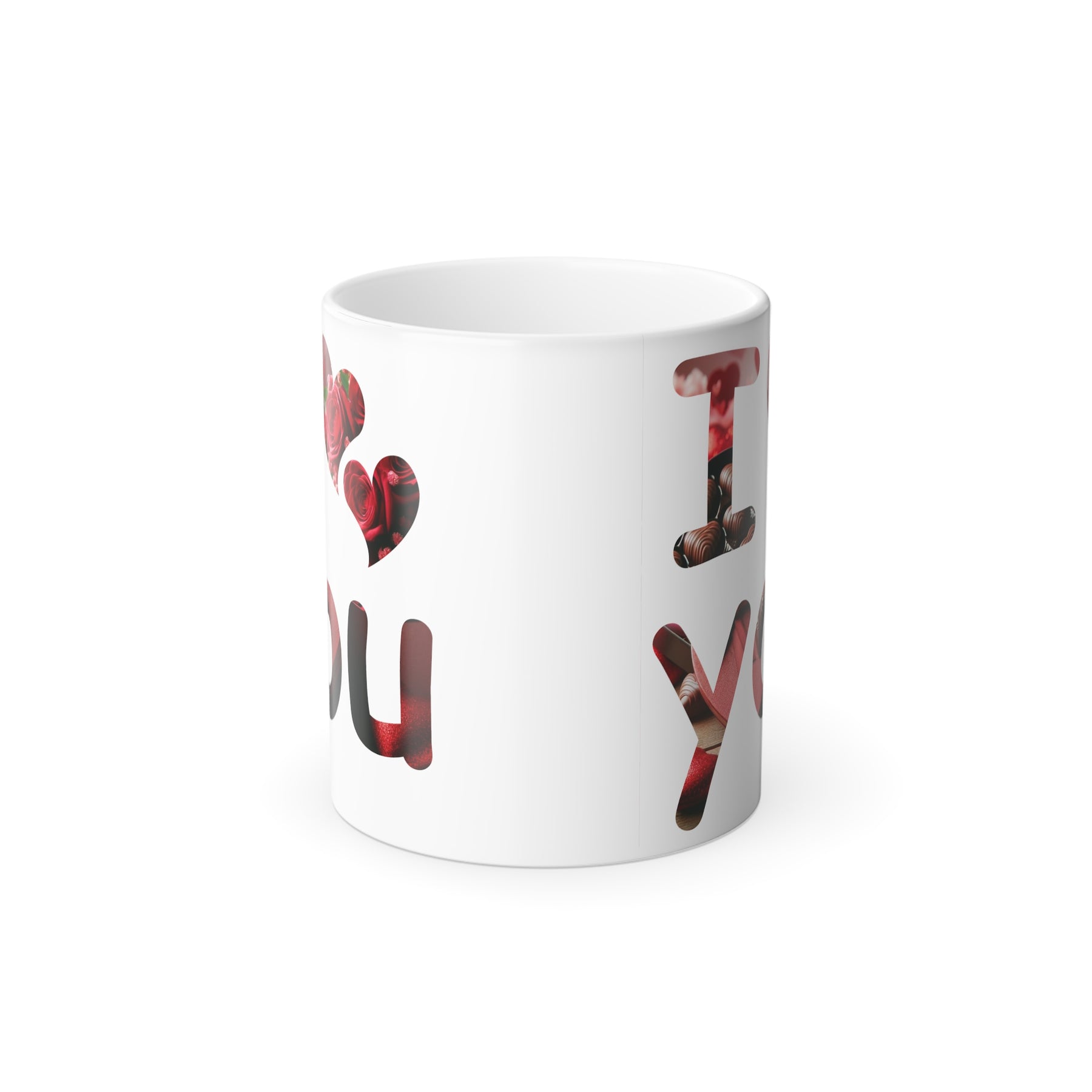 color morphing coffee mug with an I love you text printed on it.