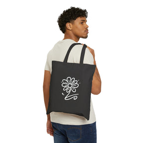 flower on a black tote bag