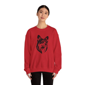 black corgi on red sweatshirt