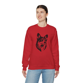 black corgi on red sweatshirt