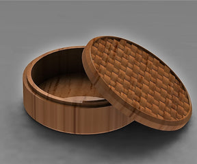 circular jewelry organizer with a basket pattern design on the lid