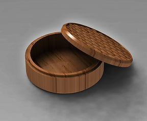 circular jewelry organizer with a basket pattern design on the lid