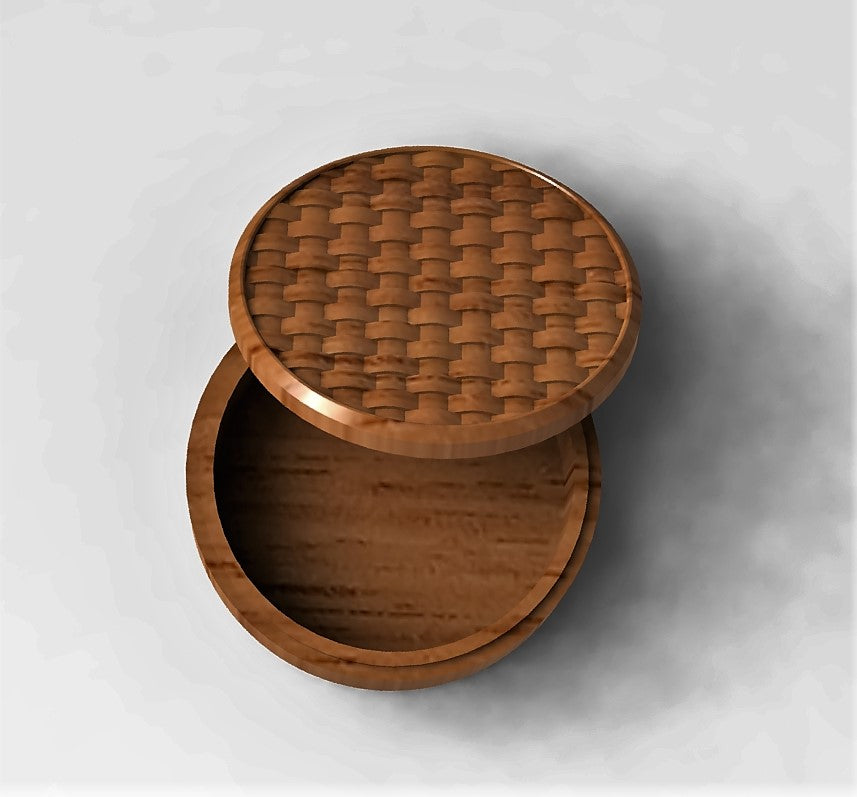 circular jewelry organizer with a basket pattern design on the lid