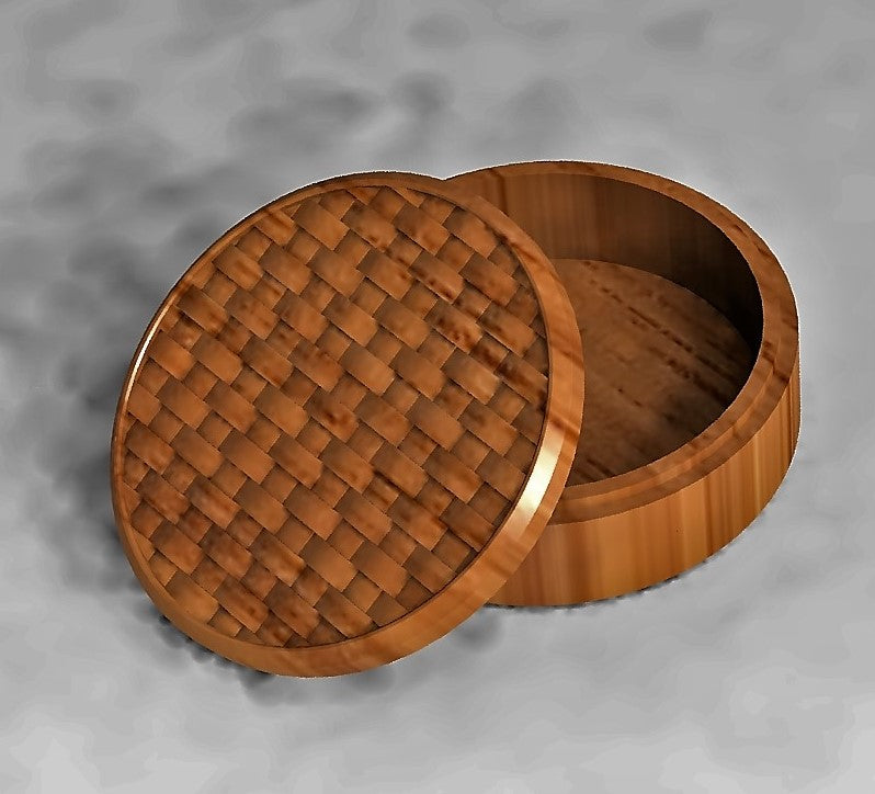 circular jewelry organizer with a basket pattern design on the lid