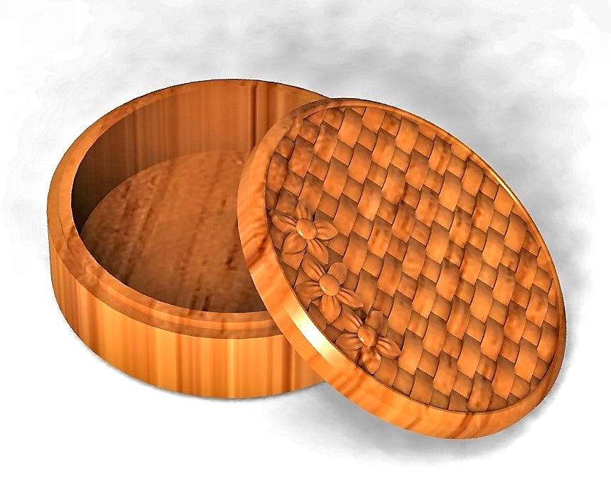 circular jewelry organizer with a basket pattern and a flower design on the lid