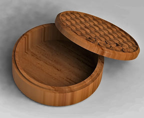 circular jewelry organizer with a basket pattern and a flower design on the lid