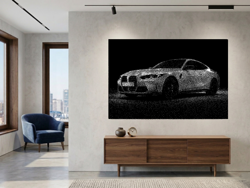 BMW M4 Stipple Art CNC router G-code file, Image file for laser engraving or printing