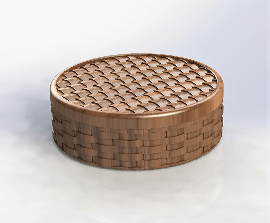 circular jewelry organizer with a basket pattern design on the lid and the body