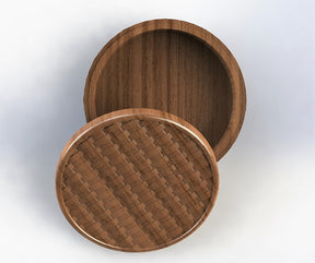 circular jewelry organizer with a basket pattern design on the lid and the body