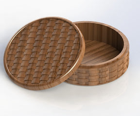 circular jewelry organizer with a basket pattern design on the lid and the body