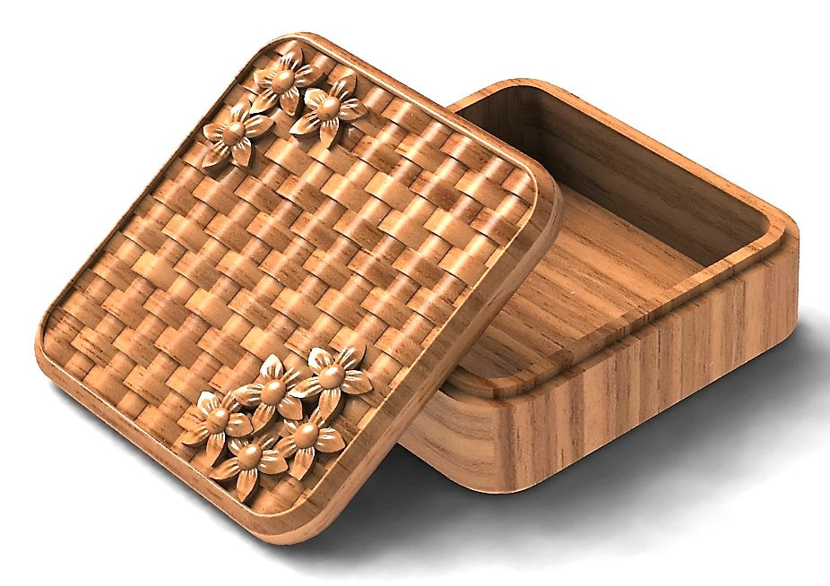 square jewelry organizer with a basket pattern and flowers design on the lid