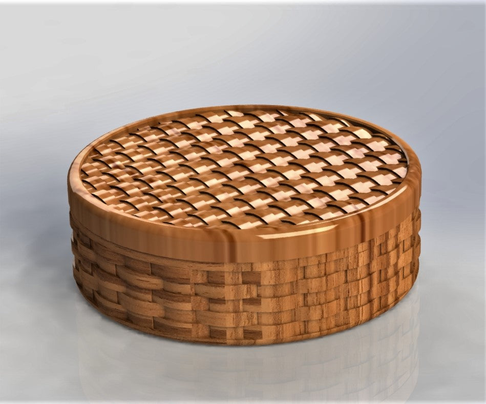 circular jewelry organizer with a basket pattern design on the lid and the body