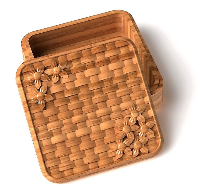 square jewelry organizer with a basket pattern and flowers design on the lid