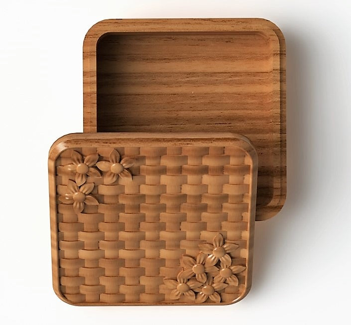 square jewelry organizer with a basket pattern and flowers design on the lid