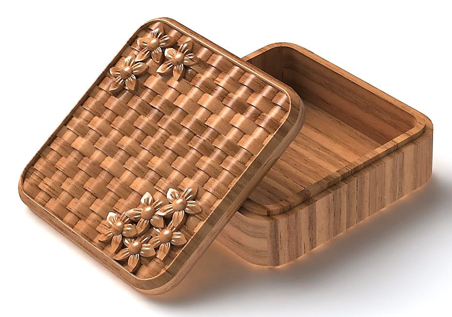 square jewelry organizer with a basket pattern and flowers design on the lid