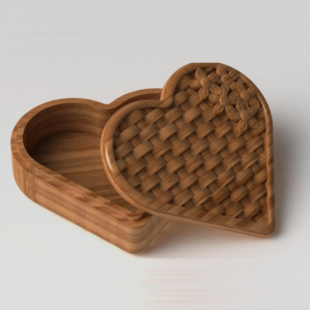 heart shaped jewelry organizer with a basket pattern and flowers design on the lid