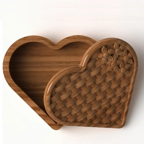 heart shaped jewelry organizer with a basket pattern and flowers design on the lid